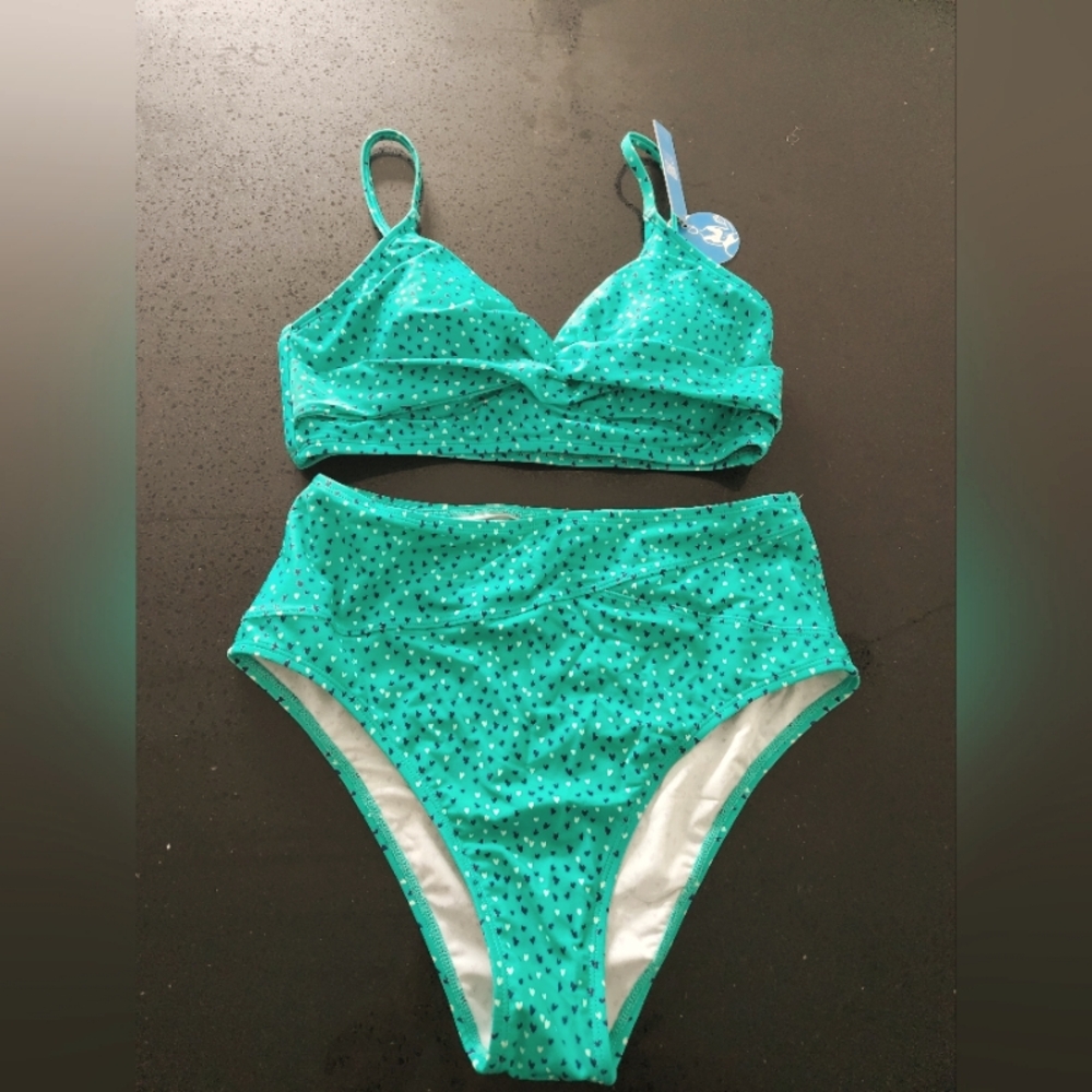 Cupshe Teal with Hearts Bikini Size Medium NWT